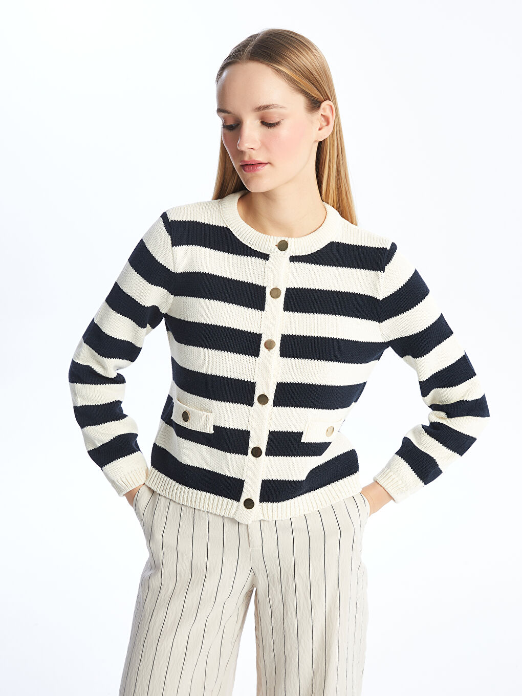Crew Neck Striped Women's Knitwear Cardigan -S4K798Z8-LEG