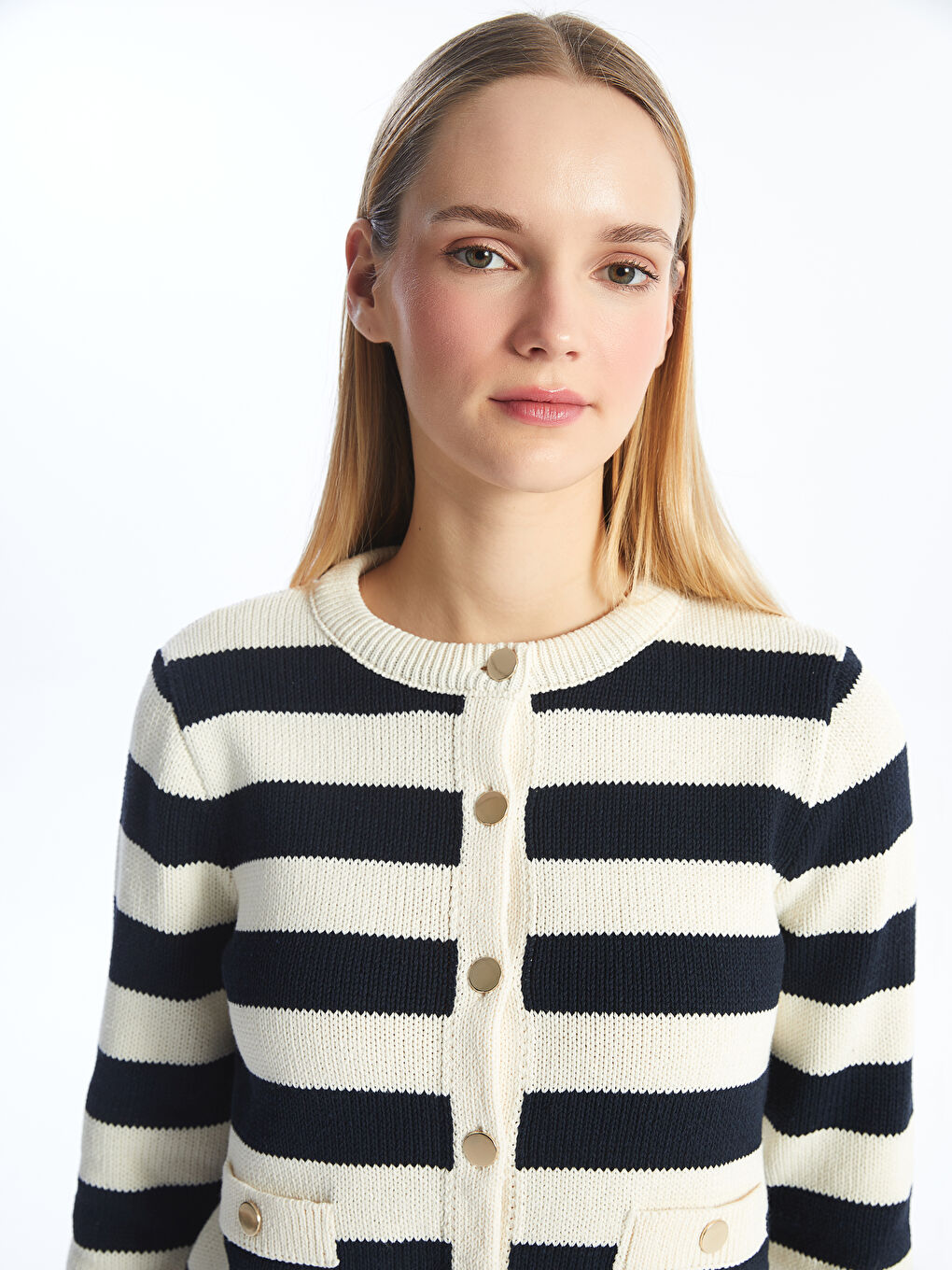Crew Neck Striped Women's Knitwear Cardigan -S4K798Z8-LEG