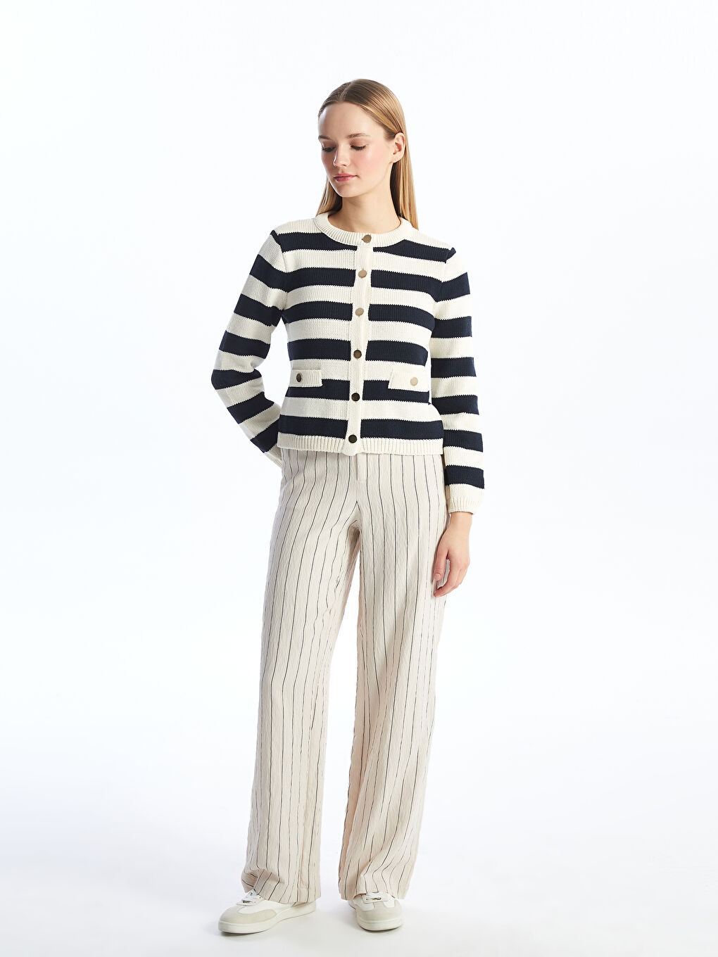Crew Neck Striped Women's Knitwear Cardigan -S4K798Z8-LEG