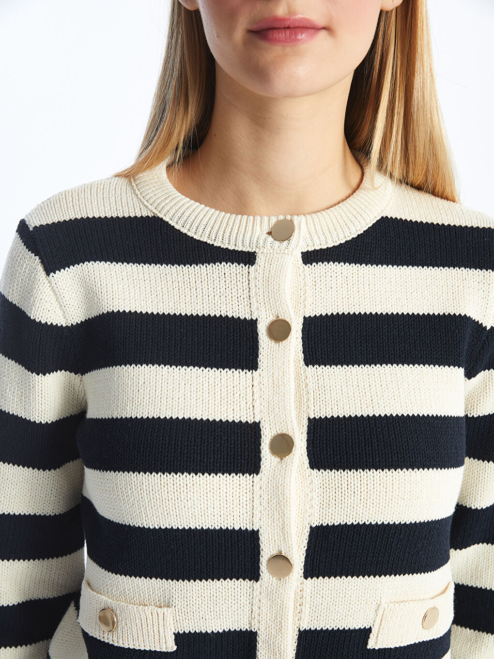 Crew Neck Striped Women's Knitwear Cardigan -S4K798Z8-LEG