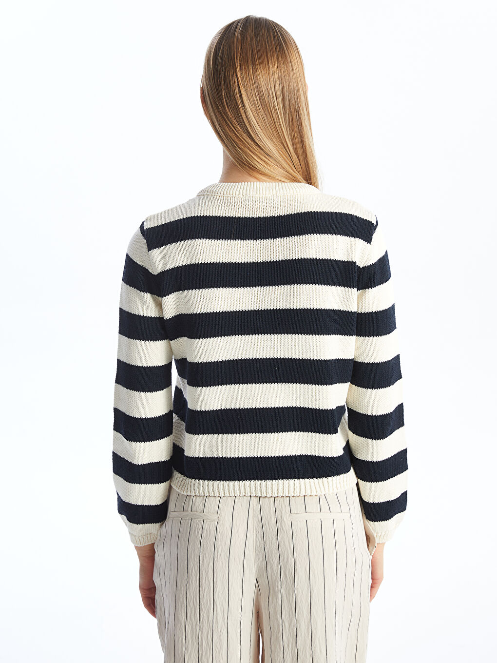 Crew Neck Striped Women's Knitwear Cardigan -S4K798Z8-LEG