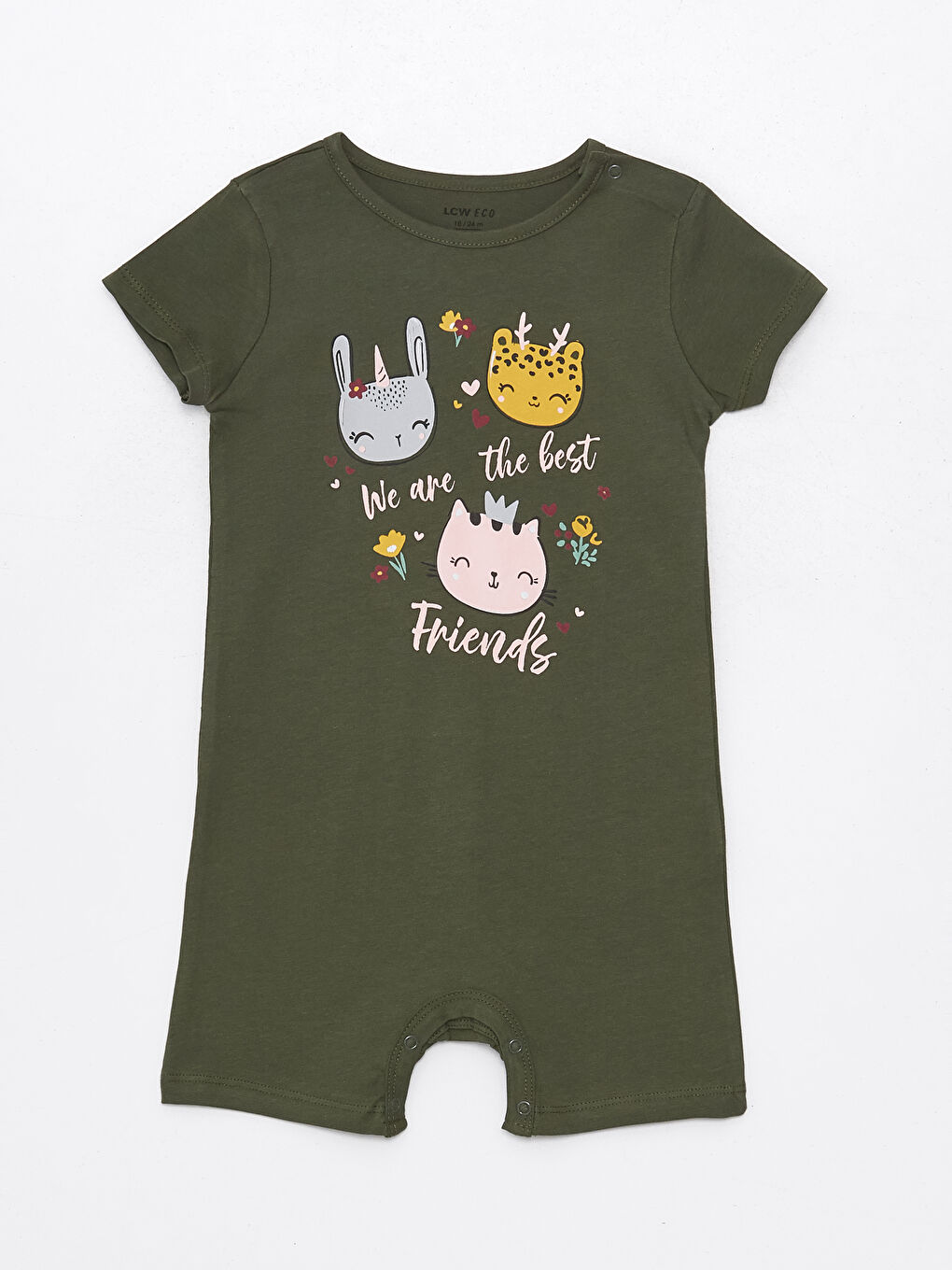 Haki Bisiklet Yaka Kısa Kol Baskılı Pamuklu Kız Bebek Tulum
