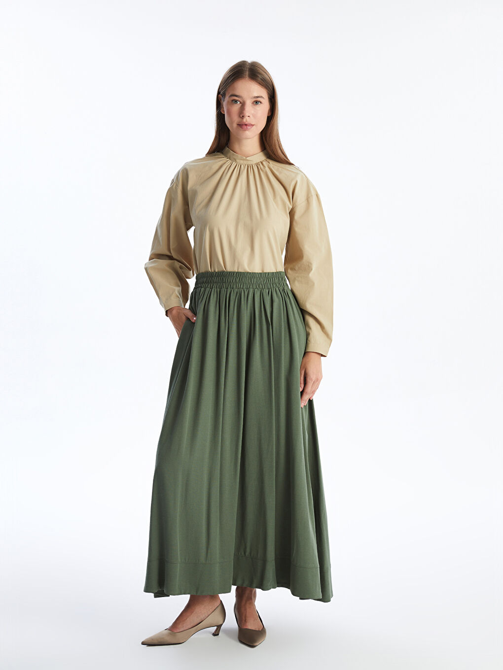 Plain Linen Blend Women's Flared Skirt with Elastic Waist -S4K908Z8-VEY