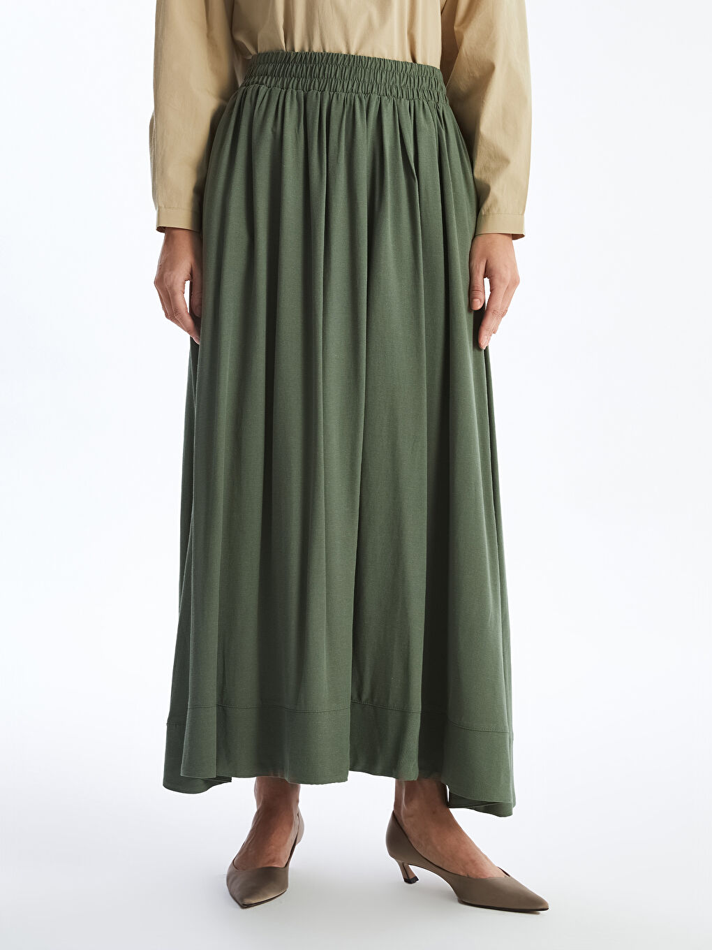 Plain Linen Blend Women's Flared Skirt with Elastic Waist -S4K908Z8-VEY