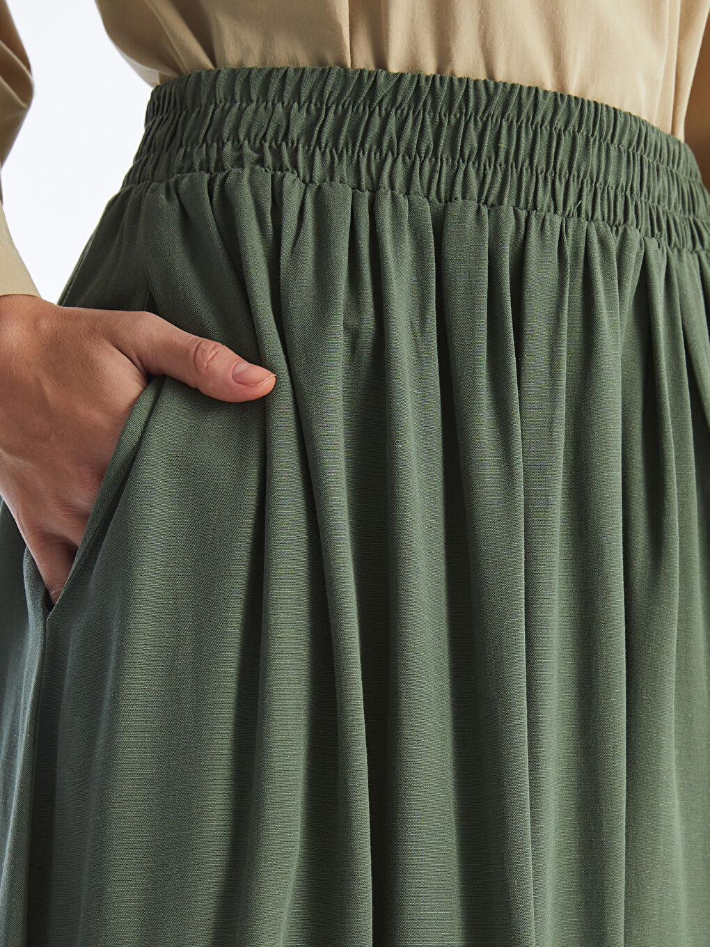 Plain Linen Blend Women's Flared Skirt with Elastic Waist -S4K908Z8-VEY