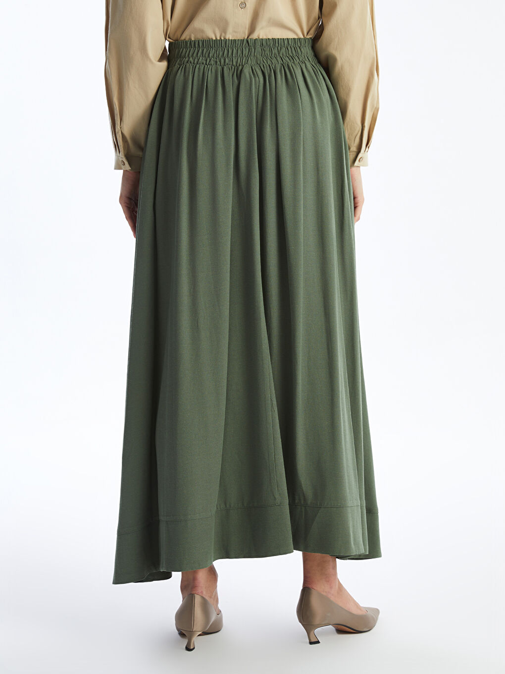 Plain Linen Blend Women's Flared Skirt with Elastic Waist -S4K908Z8-VEY