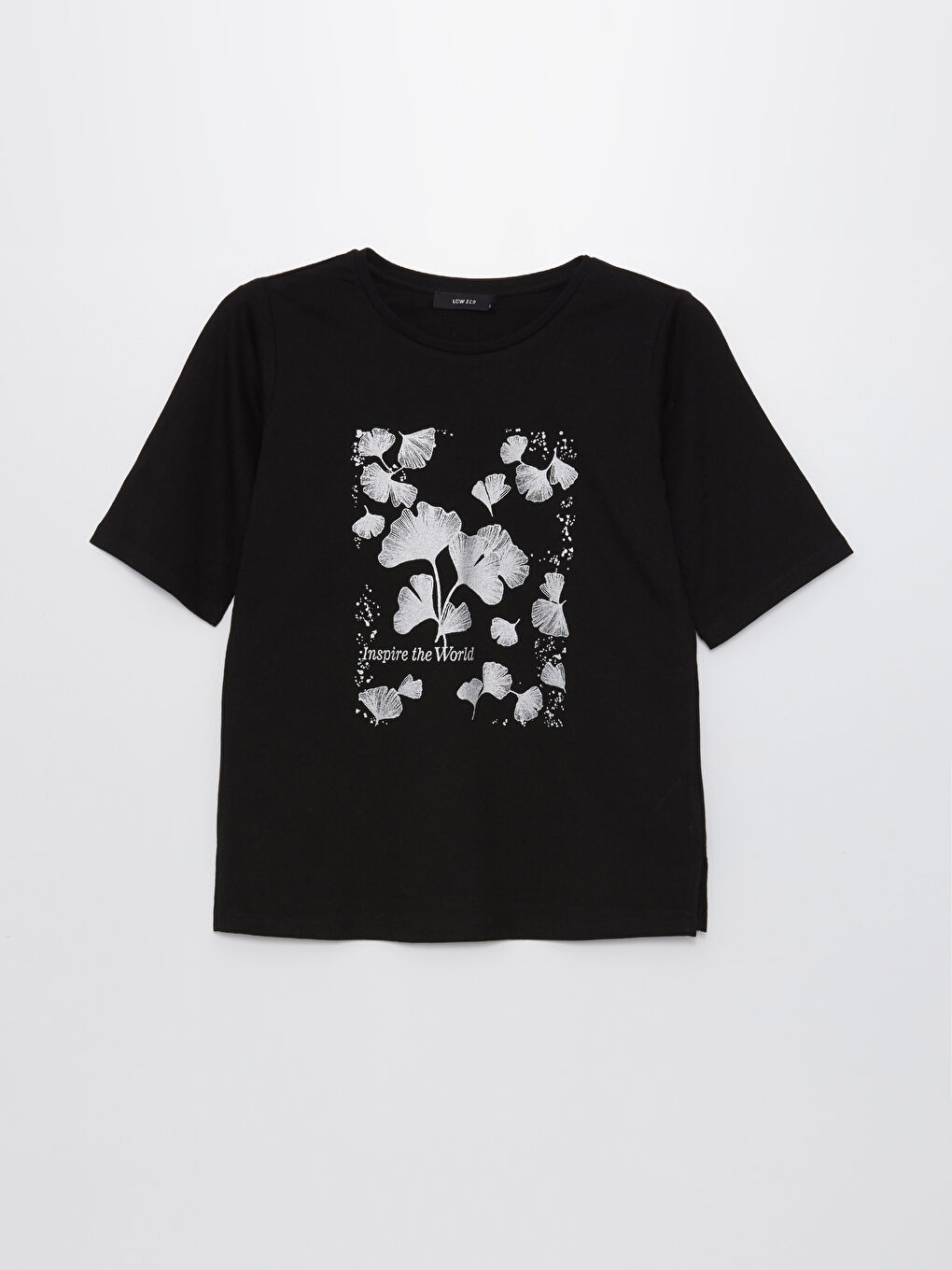 Siyah Bisiklet Yaka Baskılı Kısa Kollu Kadın Tişört-5