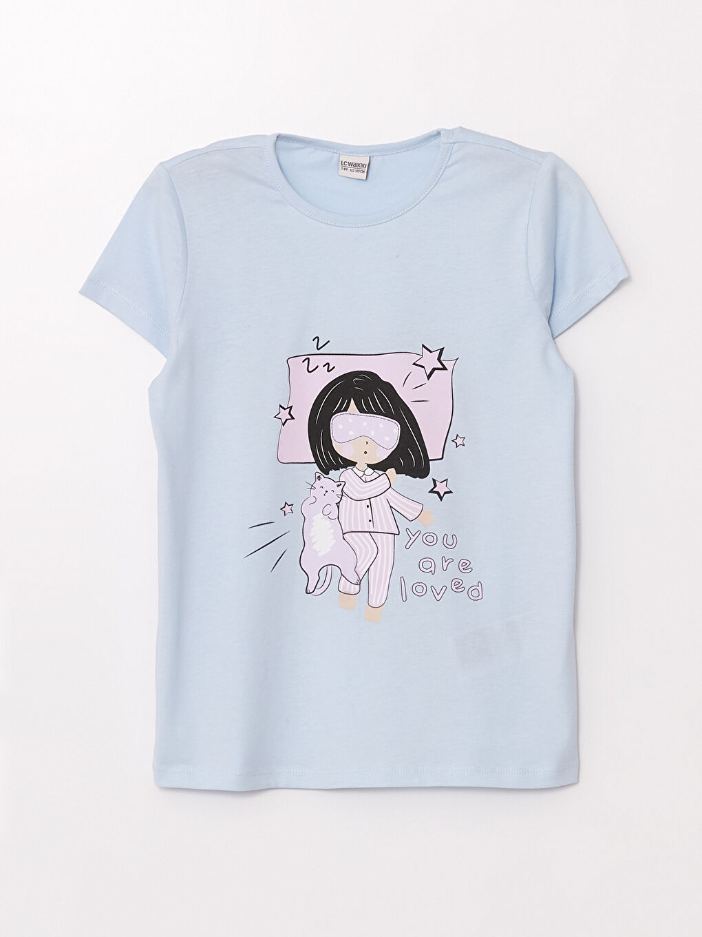 طقم بيجامة للبنات مطبوع بياقة دائرية مع شورت-1