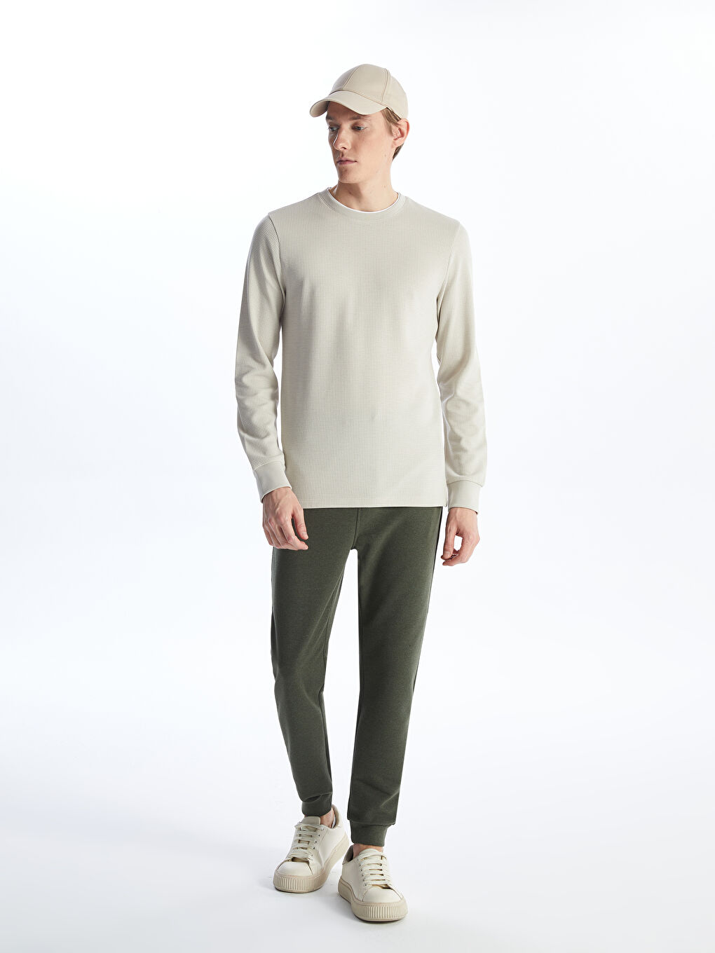 Bej Bisiklet Yaka Uzun Kollu Erkek Dokulu Tişört-2