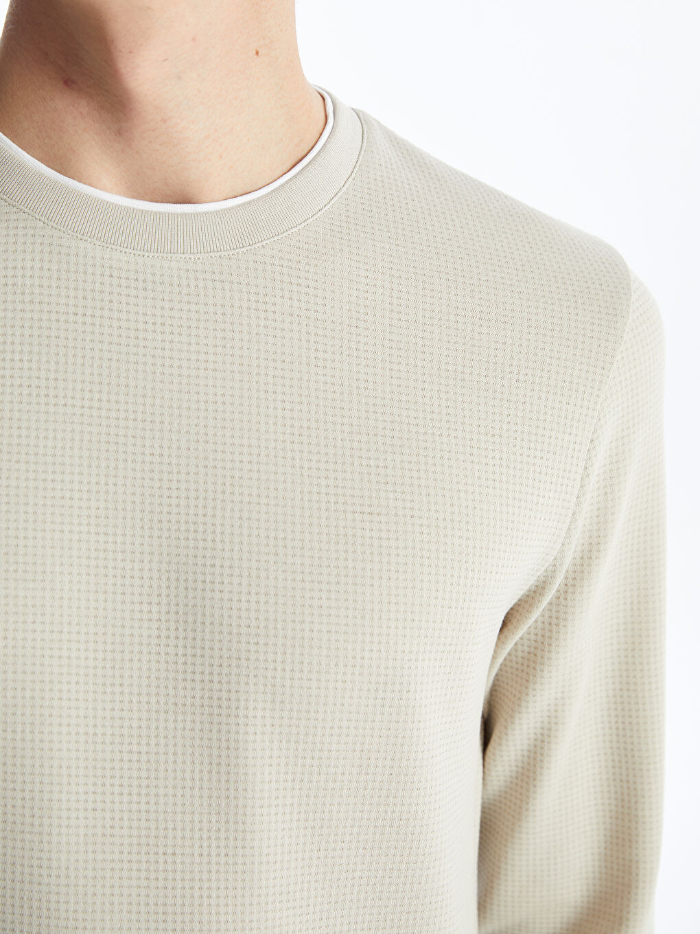 Bej Bisiklet Yaka Uzun Kollu Erkek Dokulu Tişört-3