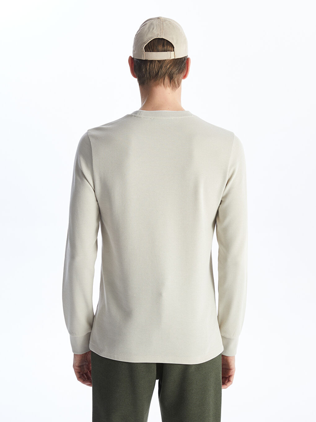 Bej Bisiklet Yaka Uzun Kollu Erkek Dokulu Tişört-5