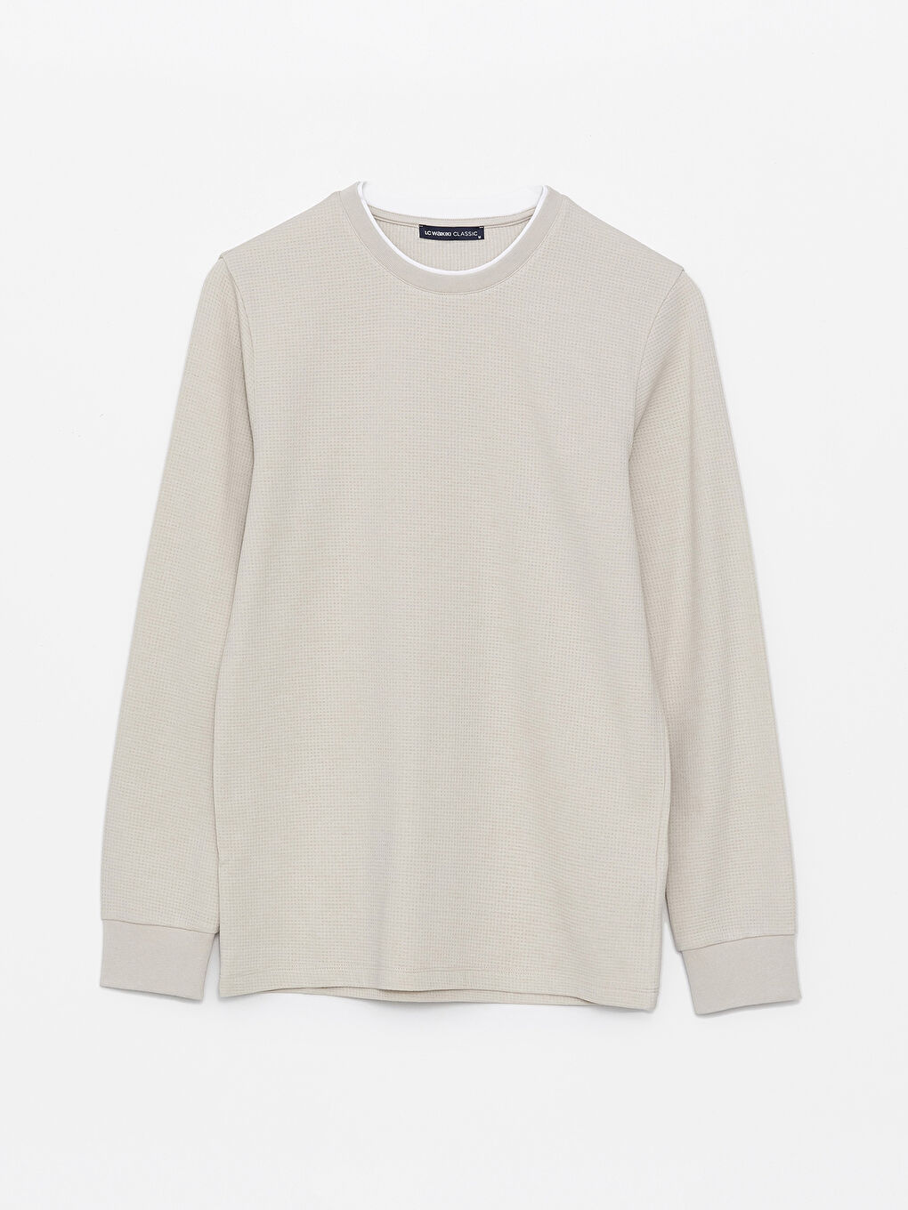 Bej Bisiklet Yaka Uzun Kollu Erkek Dokulu Tişört-6