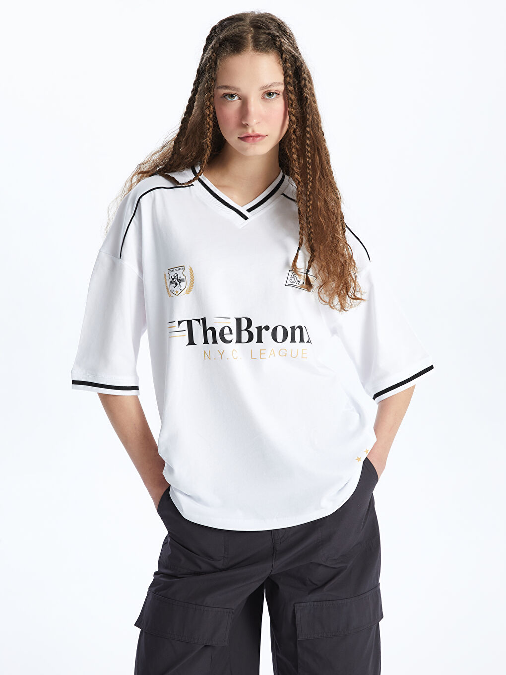 V-Neck Printed Short Sleeve Oversize Women's T-Shirt -S4KA81Z8-Q6K