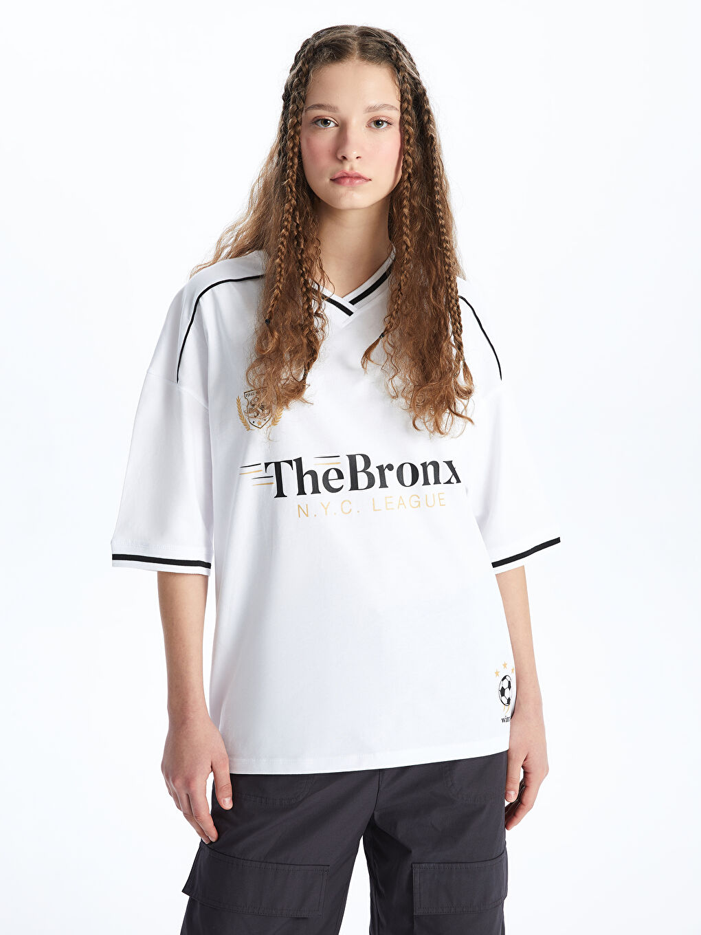 V-Neck Printed Short Sleeve Oversize Women's T-Shirt -S4KA81Z8-Q6K