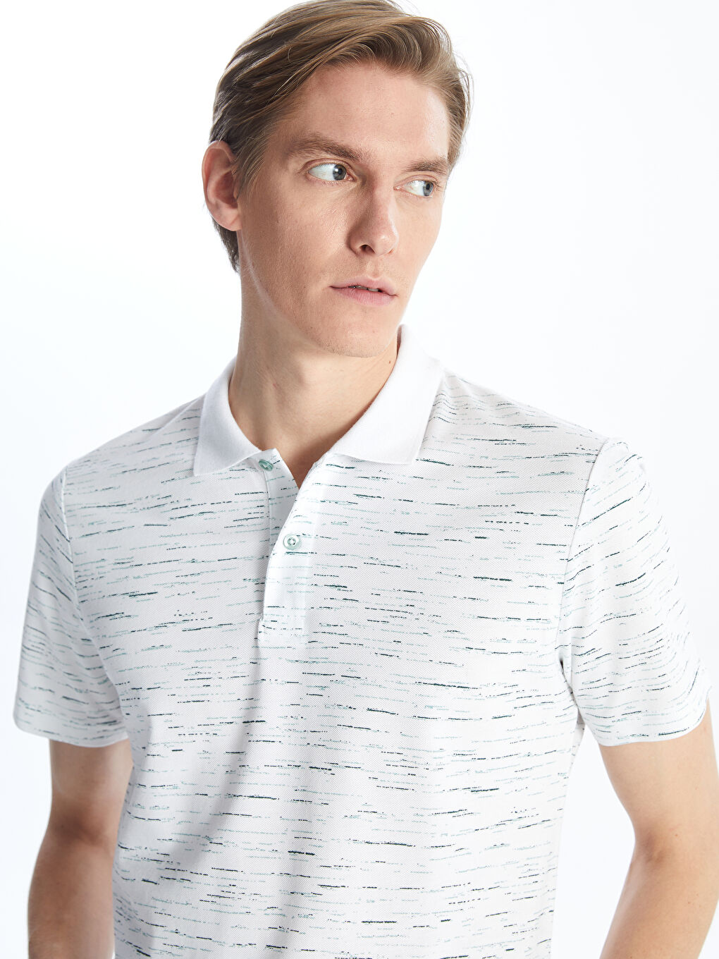 Yeşil Polo Yaka Kısa Kollu Desenli Pike Erkek Tişört