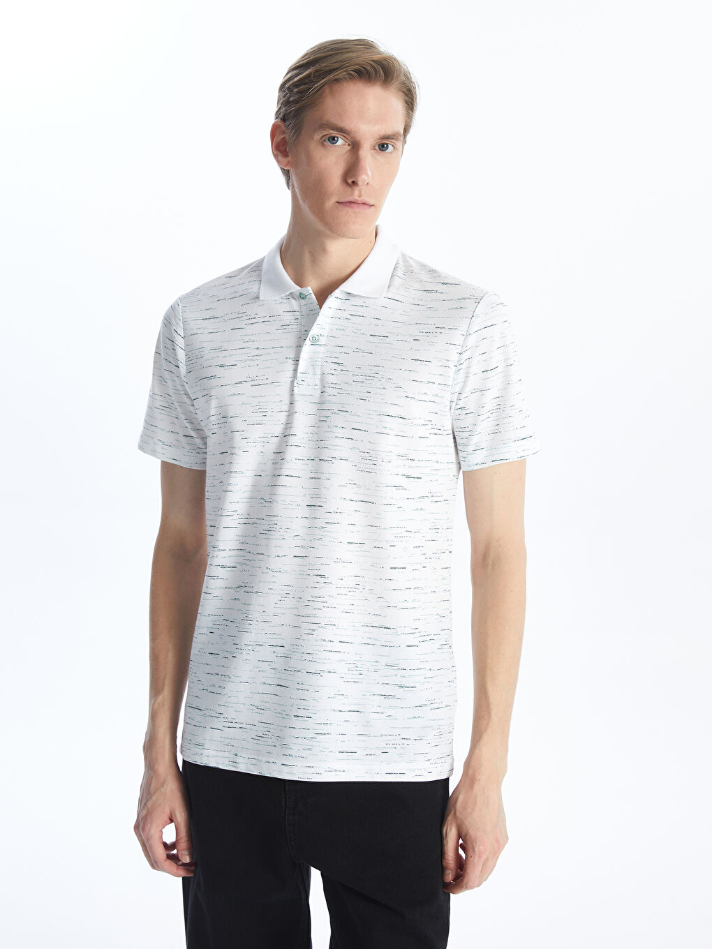 Yeşil Polo Yaka Kısa Kollu Desenli Pike Erkek Tişört-1