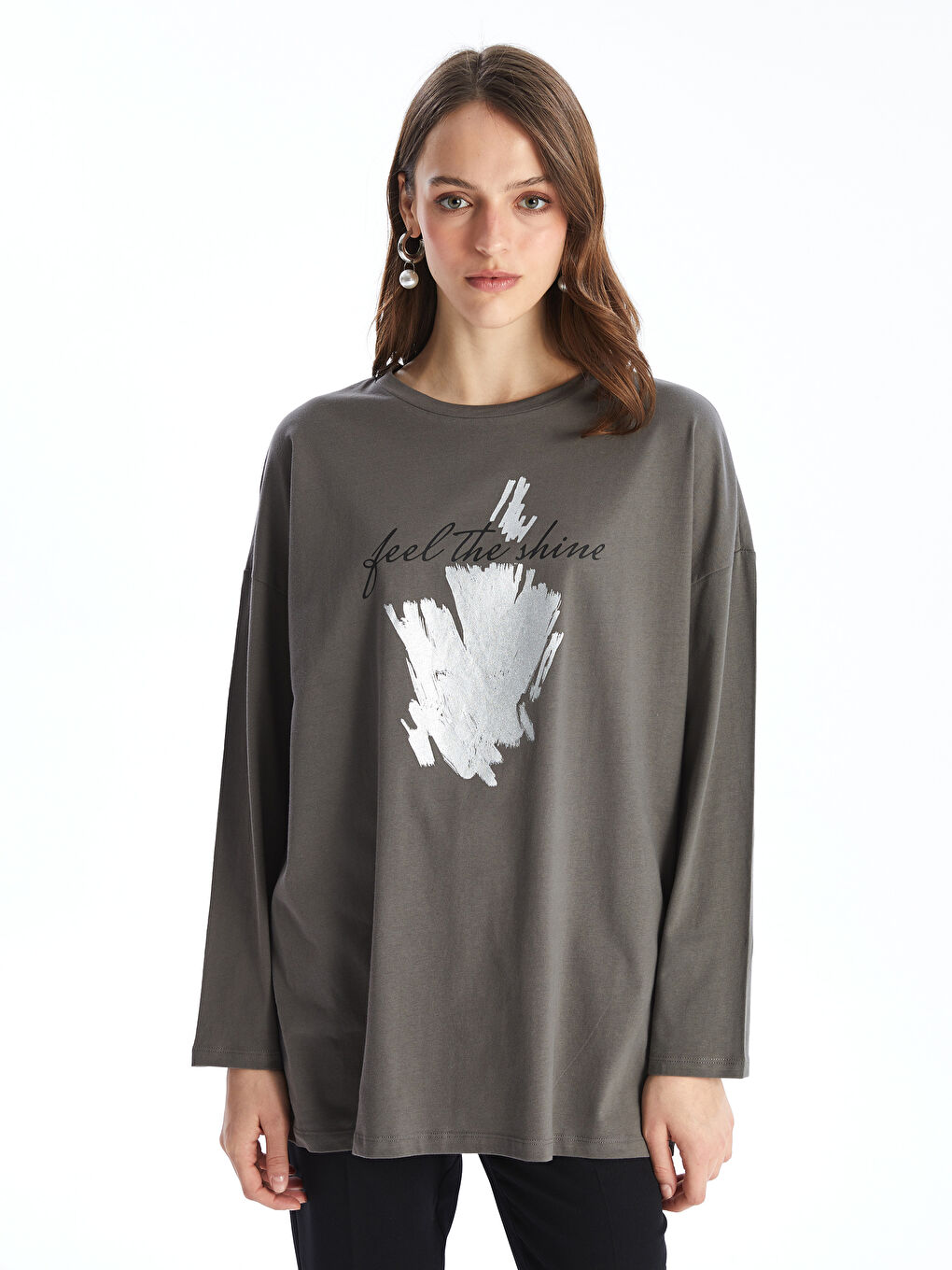 Bej Bisiklet Yaka Baskılı Kadın Tunik