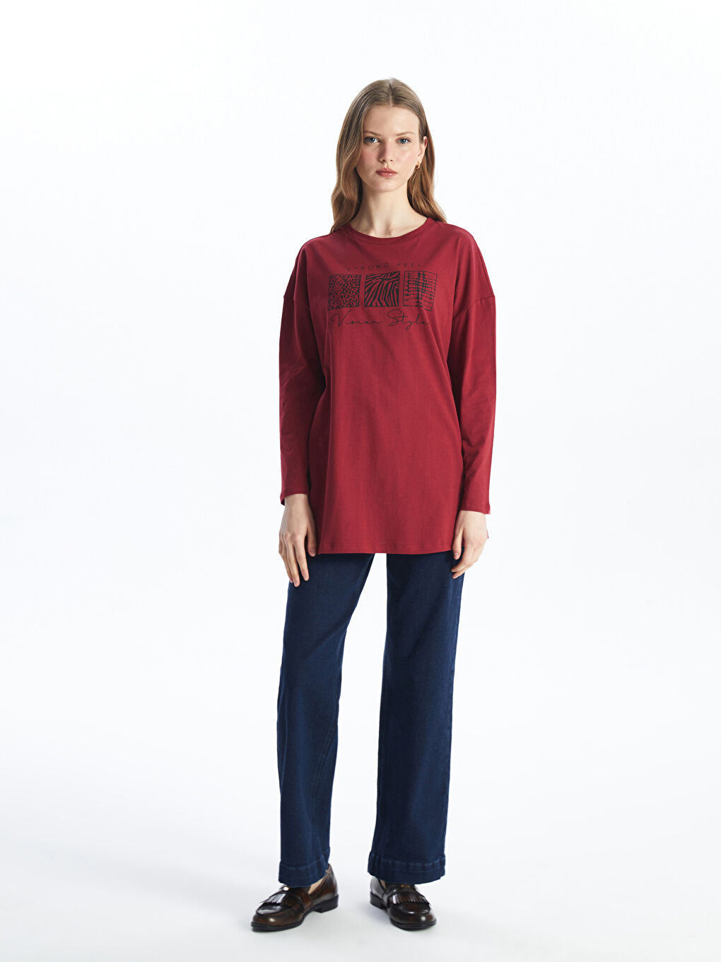 Bordo Bisiklet Yaka Baskılı Kadın Tunik-1