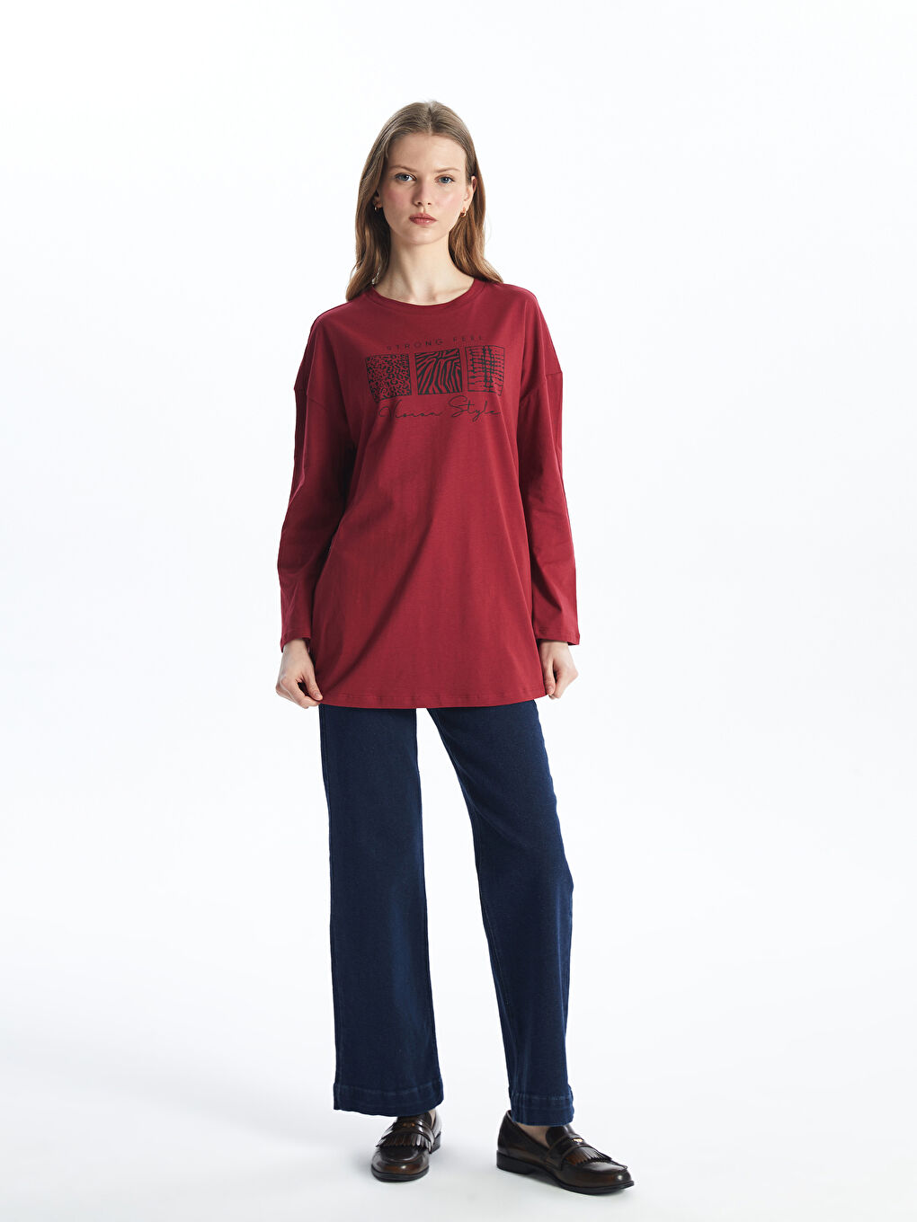 Bordo Bisiklet Yaka Baskılı Kadın Tunik-2