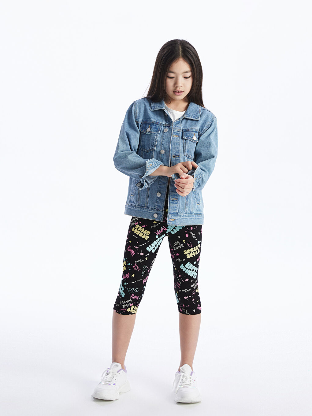 Siyah Beli Lastikli Baskılı Kız Çocuk Tayt