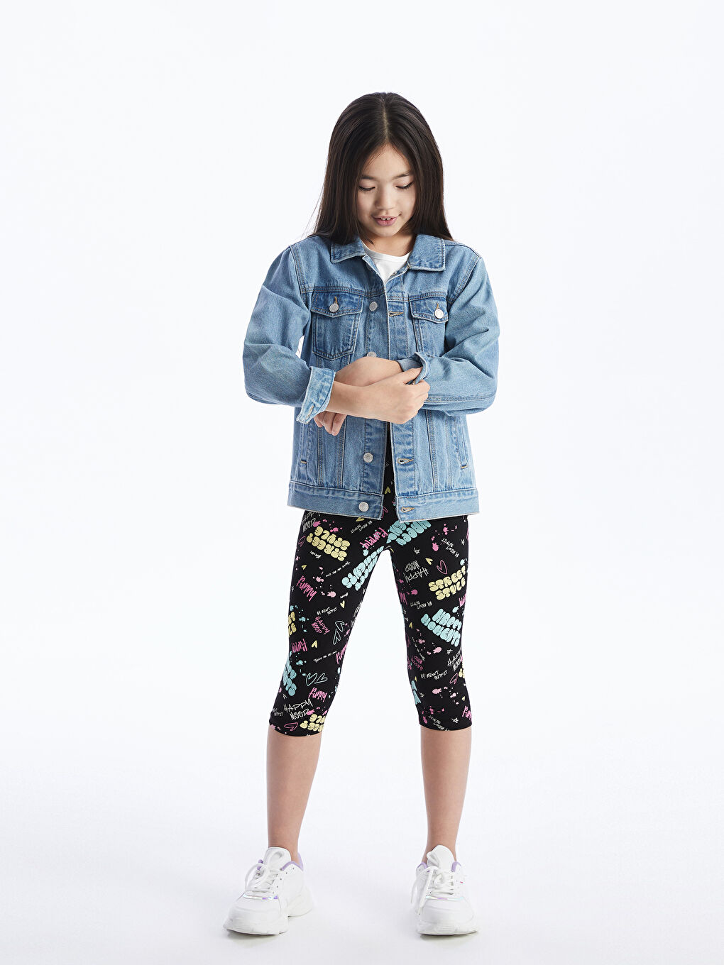 Siyah Beli Lastikli Baskılı Kız Çocuk Tayt-1