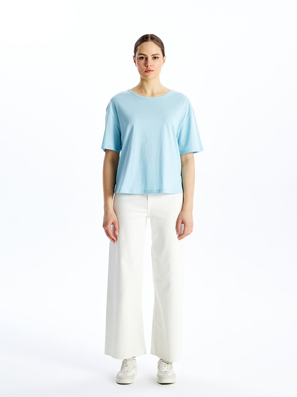 Crew Neck Plain Short Sleeve Oversize Women's T-Shirt -S4KB12Z8-JAR