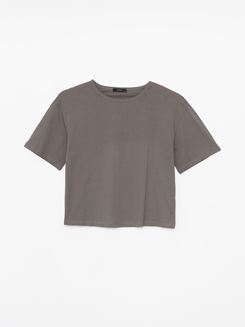 Gri Bisiklet Yaka Düz Kısa Kollu Oversize Kadın Tişört-5