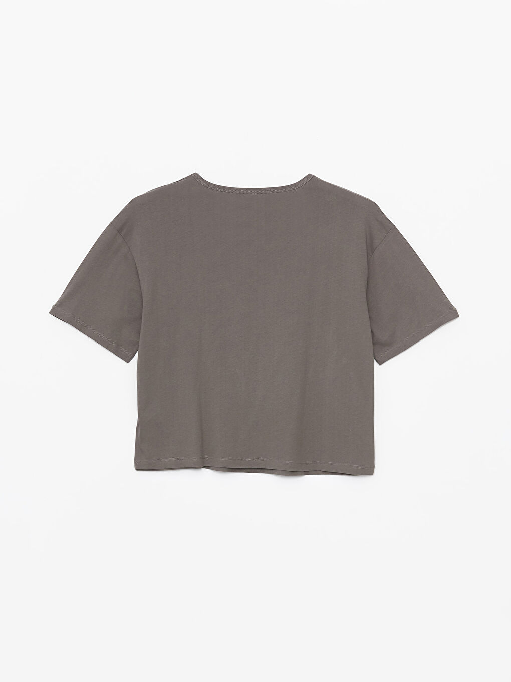 Gri Bisiklet Yaka Düz Kısa Kollu Oversize Kadın Tişört-6