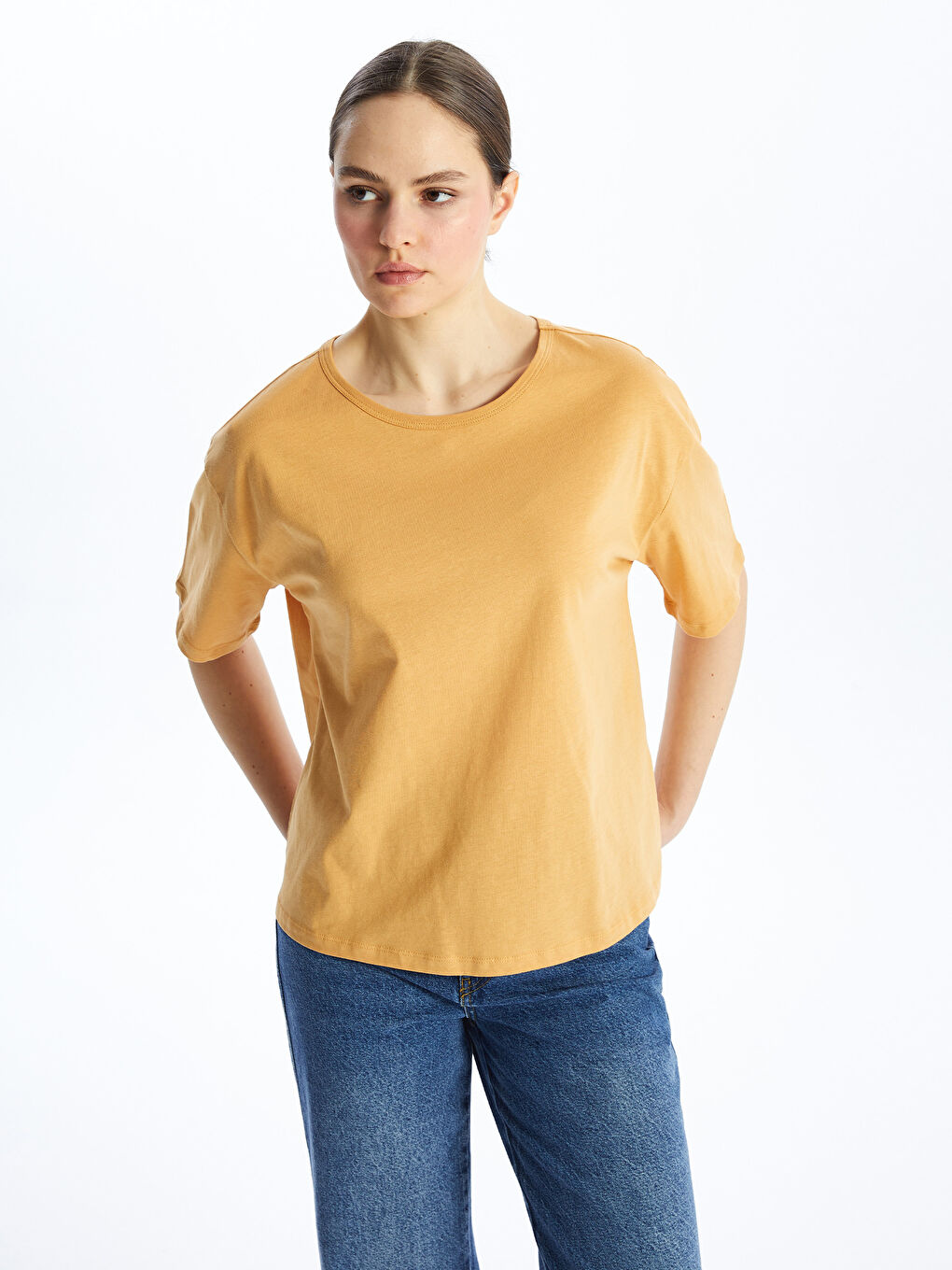 Sarı Bisiklet Yaka Düz Kısa Kollu Oversize Kadın Tişört