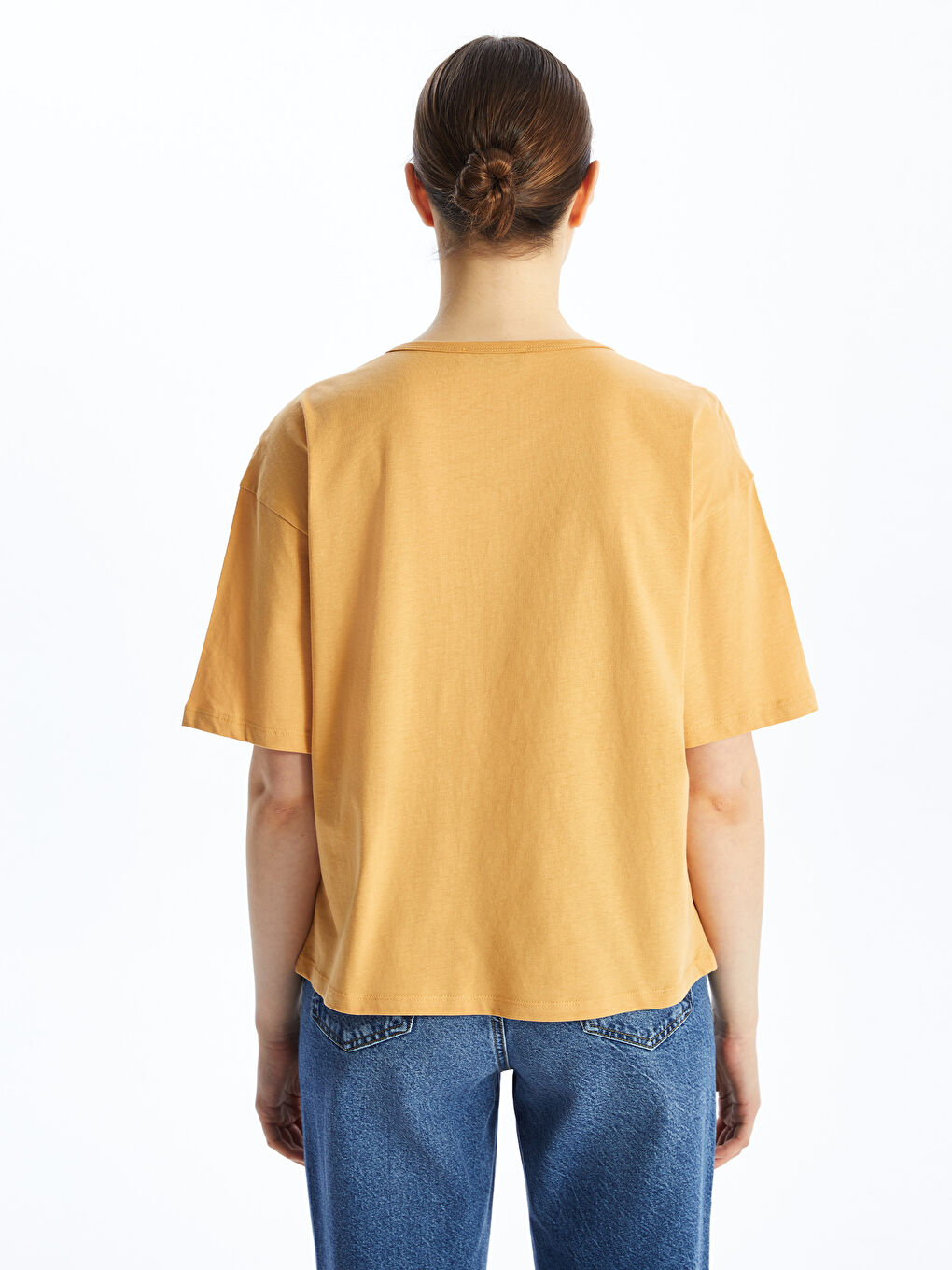 Sarı Bisiklet Yaka Düz Kısa Kollu Oversize Kadın Tişört-4