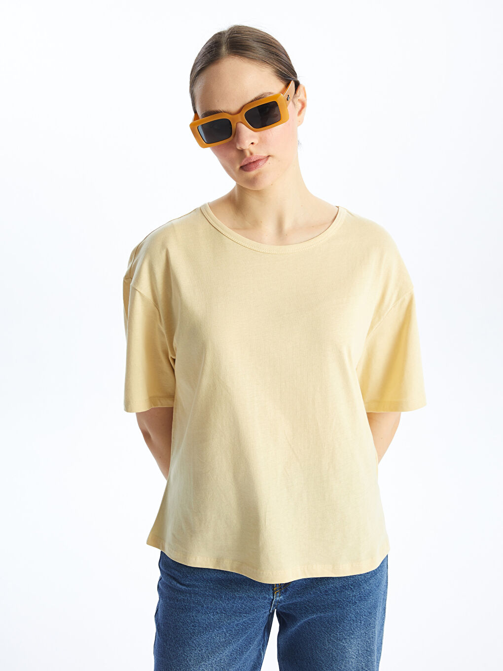 Sarı Bisiklet Yaka Düz Kısa Kollu Oversize Kadın Tişört