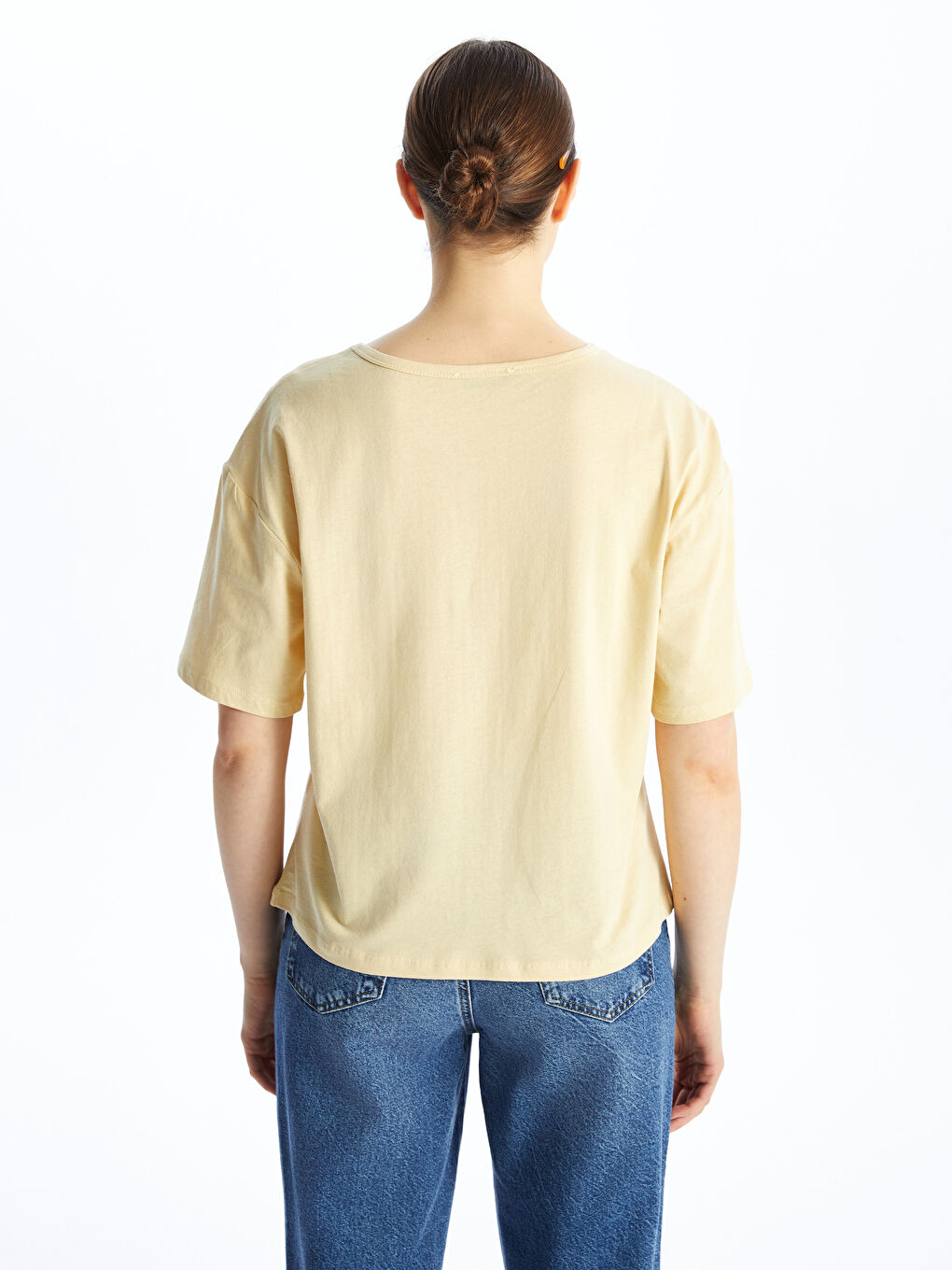 Sarı Bisiklet Yaka Düz Kısa Kollu Oversize Kadın Tişört-4