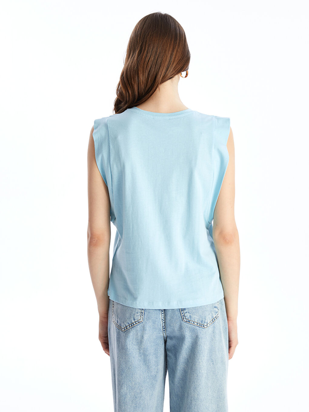 Әйелдерге арналған дөңгелек жағалы өрнексіз футболка-4