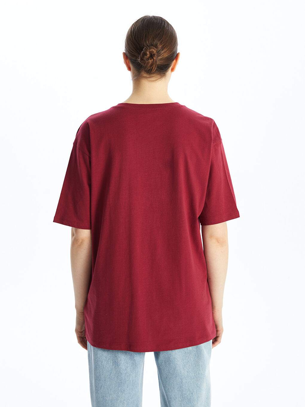 Bordo Bisiklet Yaka Baskılı Kısa Kollu Oversize Kadın Tişört-4