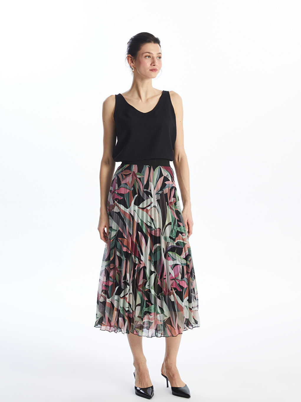 Elastic Waist Floral Chiffon Women's Pleated Skirt -S4KB68Z8-F9C