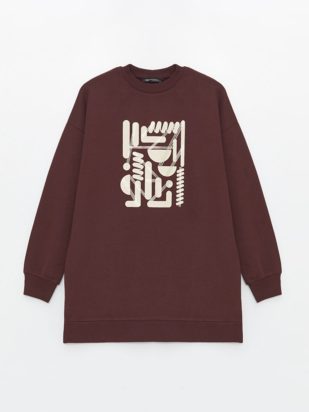 Kahverengi Bisiklet Yaka Baskılı Oversize Kadın Sweatshirt Tunik-5