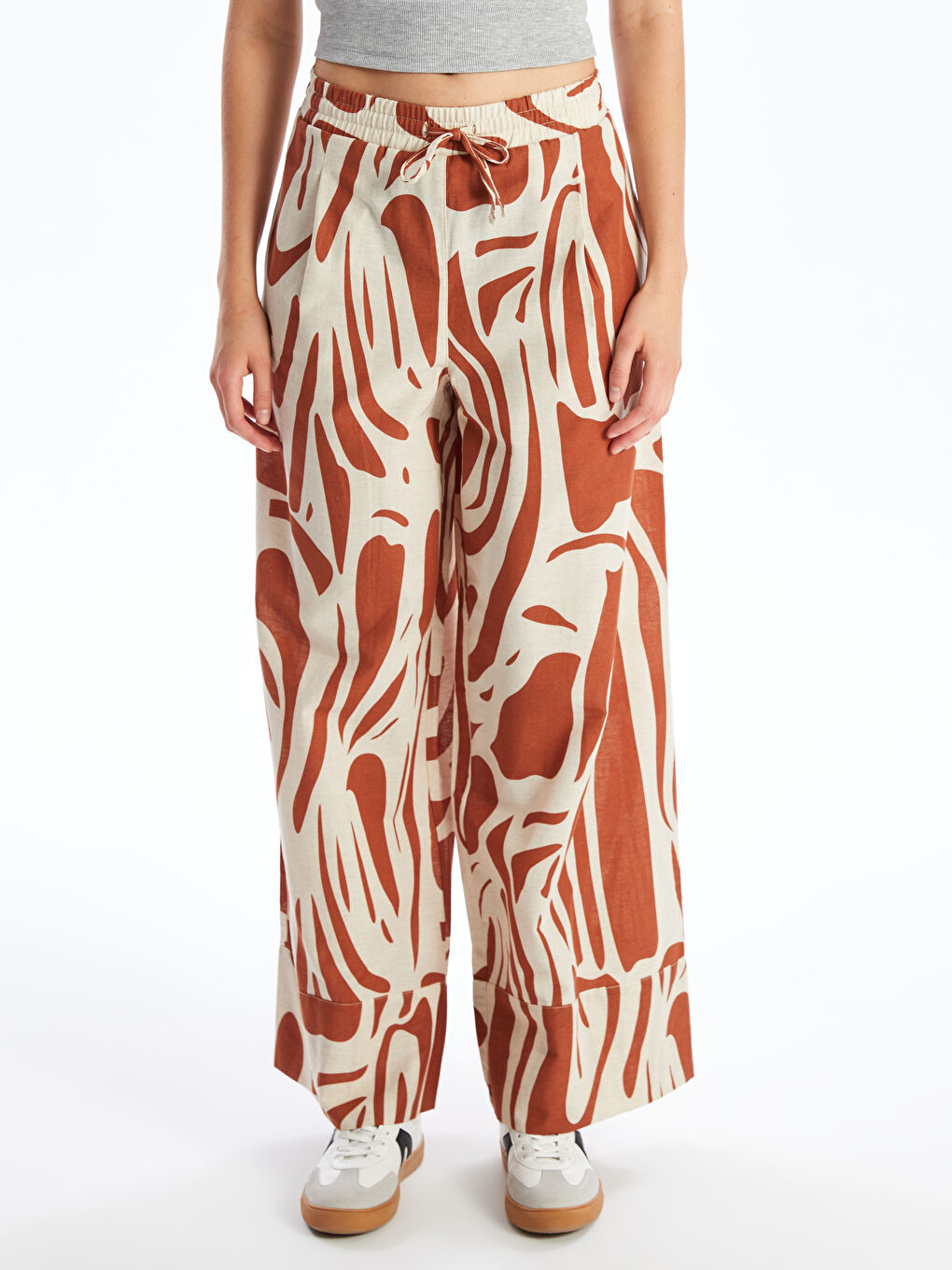 Patterned Linen Blend Women's Trousers with Elastic Waistband -S4KB97Z8-LSV