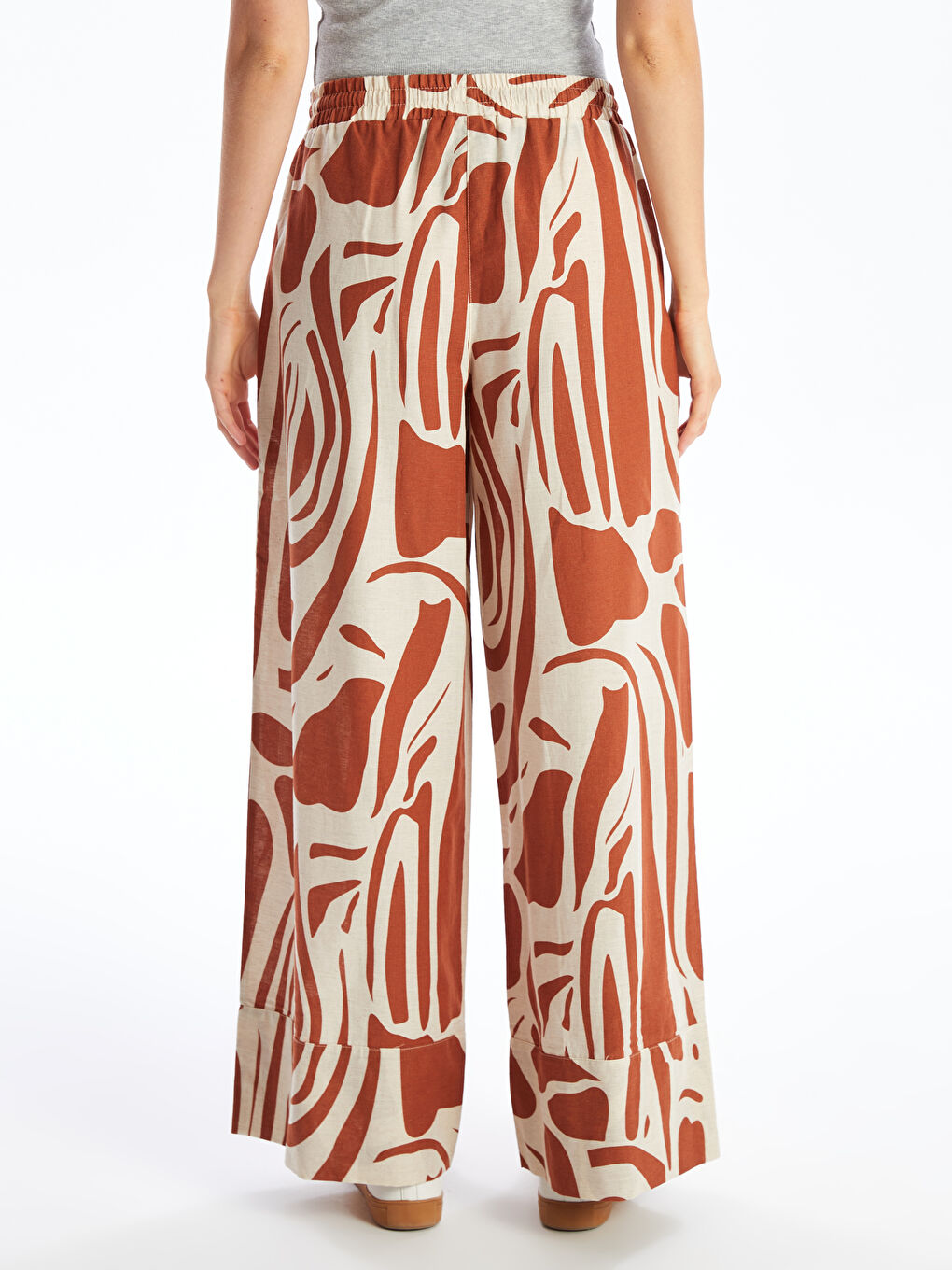 Patterned Linen Blend Women's Trousers with Elastic Waistband -S4KB97Z8-LSV