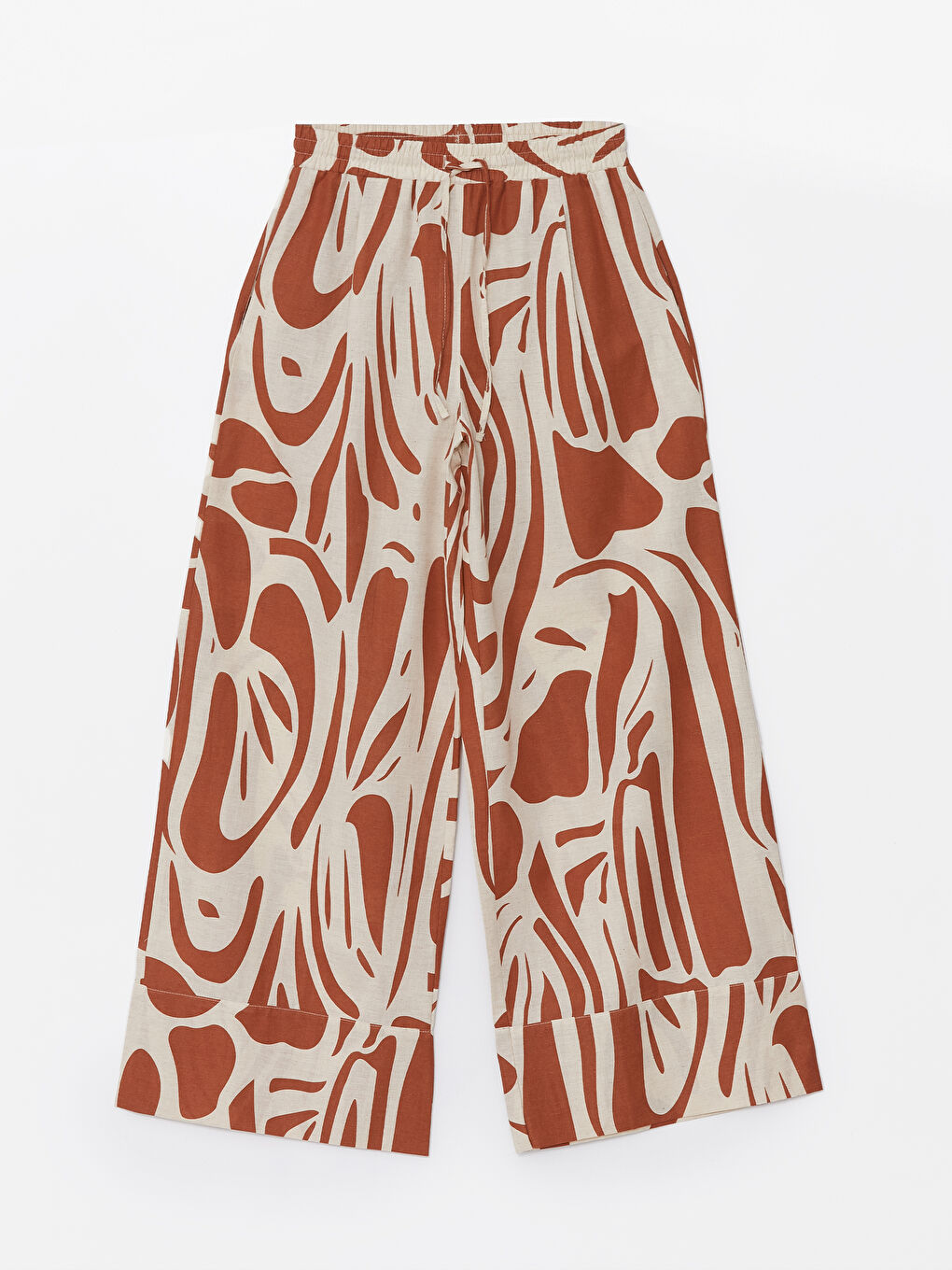 Patterned Linen Blend Women's Trousers with Elastic Waistband -S4KB97Z8-LSV