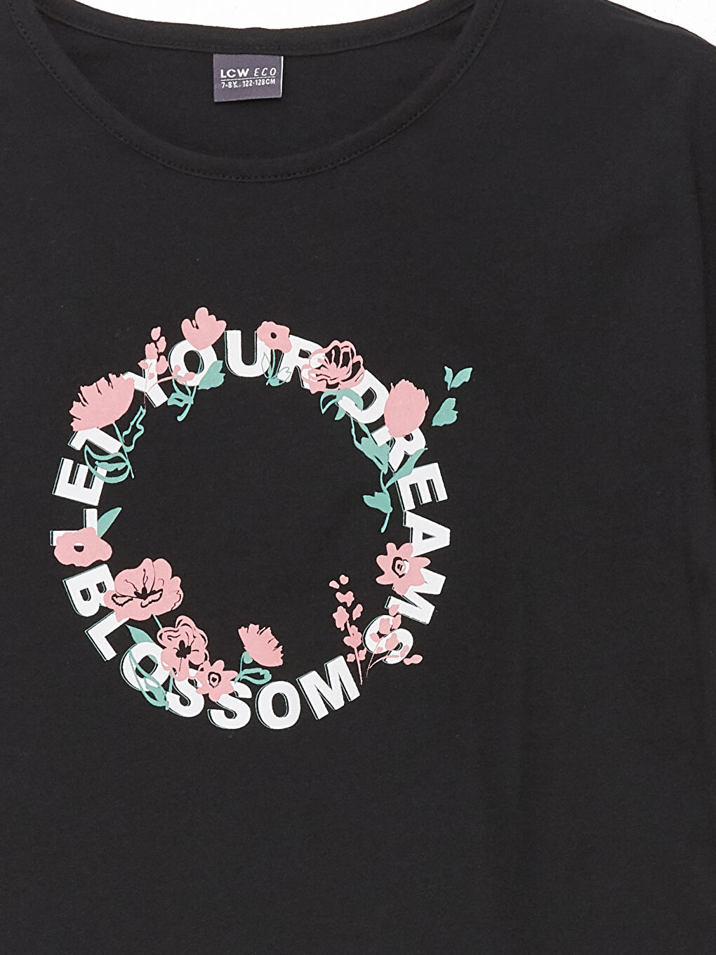 Siyah Bisiklet Yaka Baskılı Kısa Kollu Kız Çocuk Tişört-2