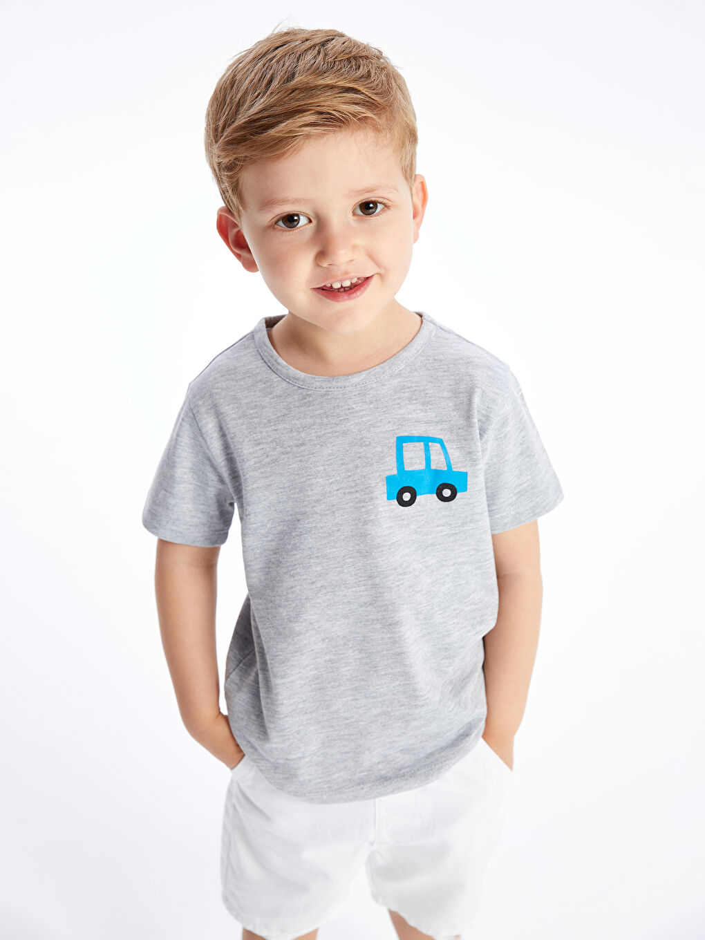 Gri Bisiklet Yaka Kısa Kollu Baskılı Erkek Bebek Tişört