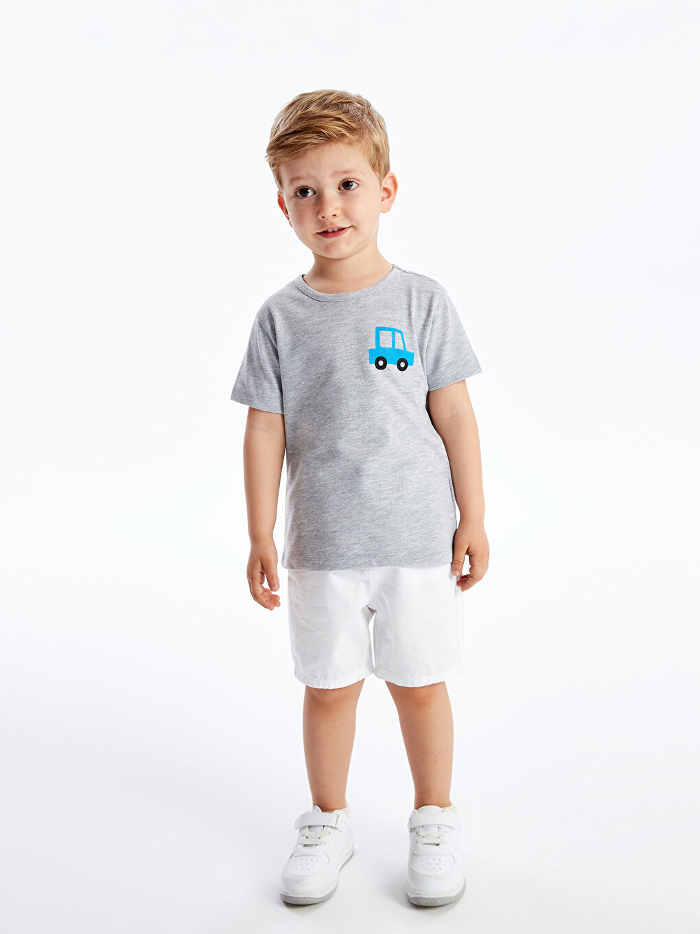 Gri Bisiklet Yaka Kısa Kollu Baskılı Erkek Bebek Tişört-1