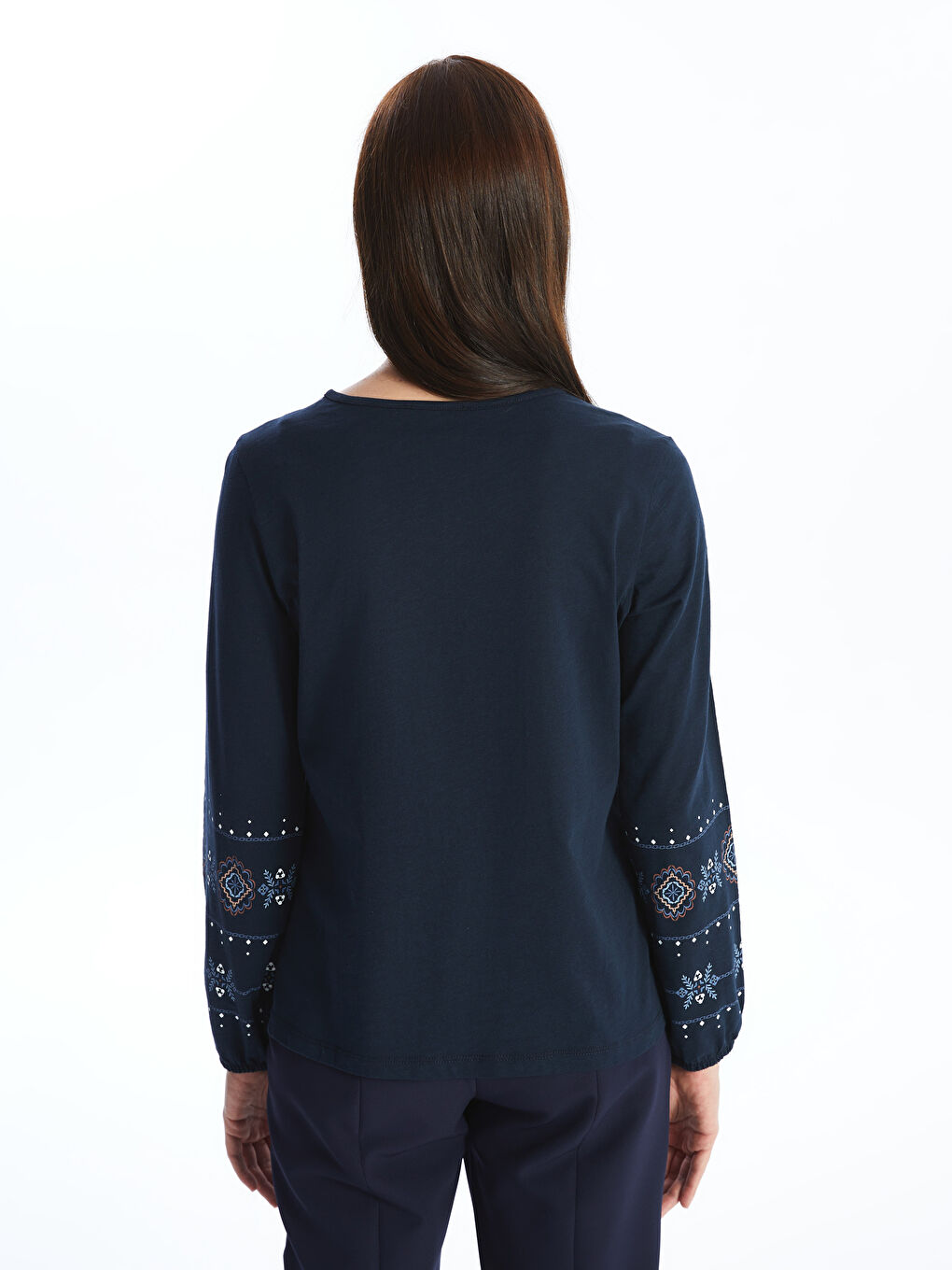 Lacivert Bağlamalı Yaka Desenli Uzun Kollu Kadın Bluz-4