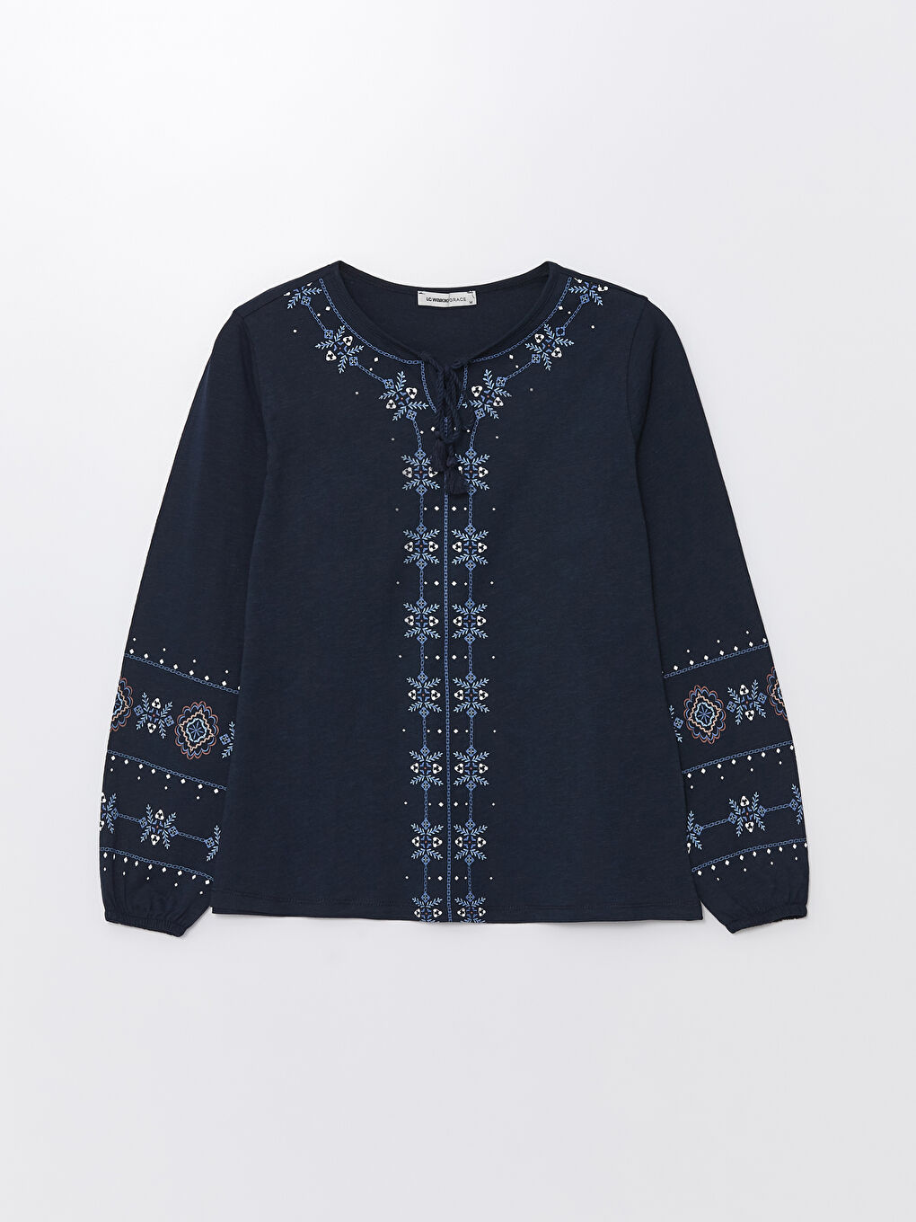 Lacivert Bağlamalı Yaka Desenli Uzun Kollu Kadın Bluz-5