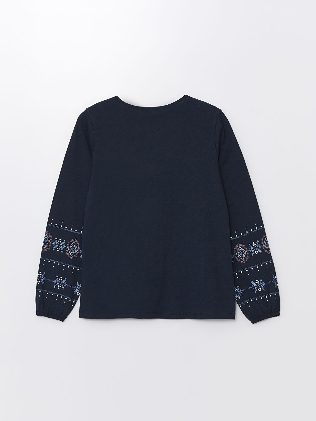 Lacivert Bağlamalı Yaka Desenli Uzun Kollu Kadın Bluz-6