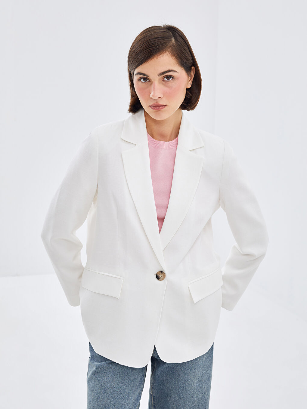 Plain Long Sleeve Linen Blend Women's Blazer Jacket -S4KC80Z8-J5F