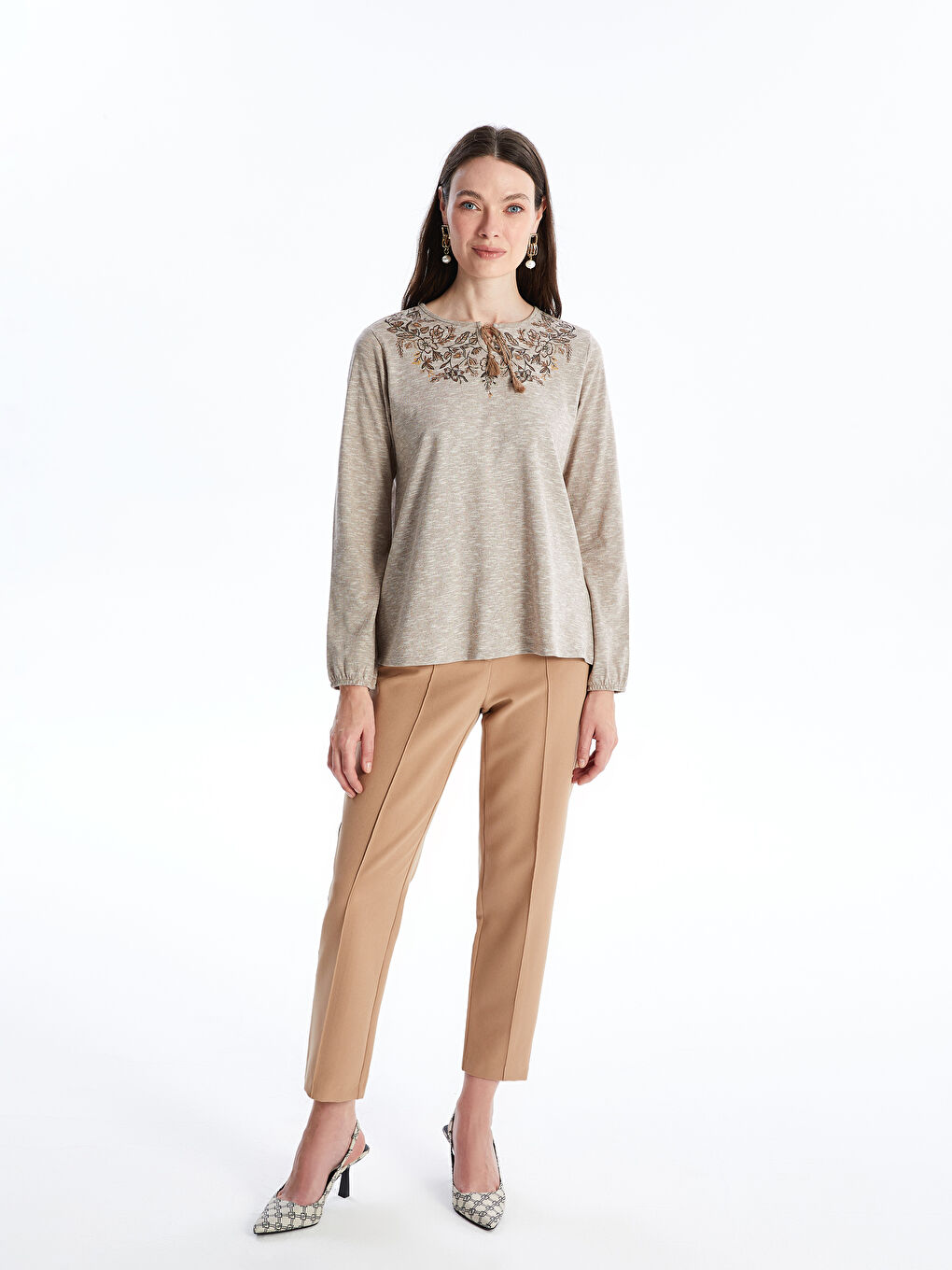 Tie Neck Flower Long Sleeve Women's Blouse -S4KC82Z8-D2Y