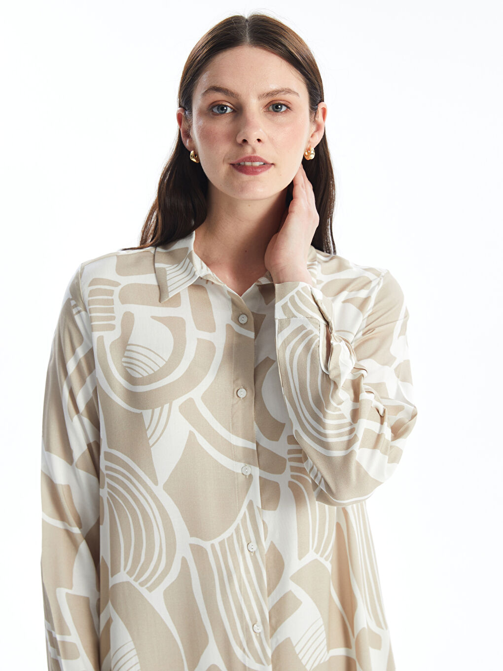 Bej Desenli Kadın Gömlek Tunik-1