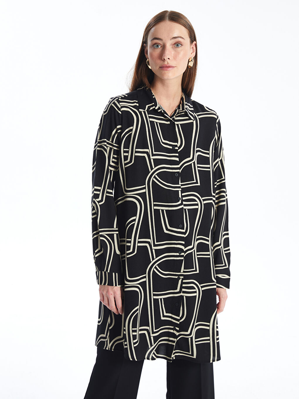 Siyah Desenli Kadın Gömlek Tunik-1
