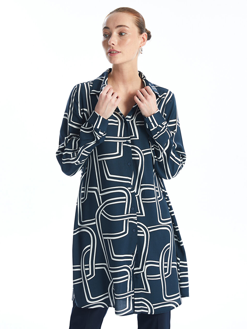 Mavi Desenli Kadın Gömlek Tunik